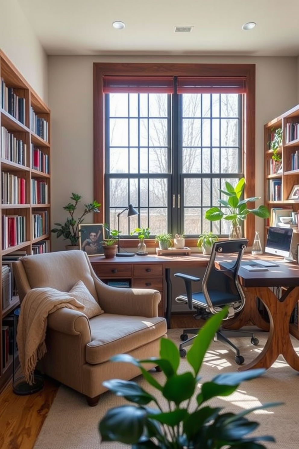 Create a cozy reading nook with bookshelves. The space features a plush armchair in a soft fabric, a warm throw blanket draped over the side, and a small side table for a cup of tea. Large home office design ideas include a spacious desk made of reclaimed wood paired with an ergonomic chair. Floor-to-ceiling windows allow natural light to flood the room, complemented by indoor plants for a refreshing touch.