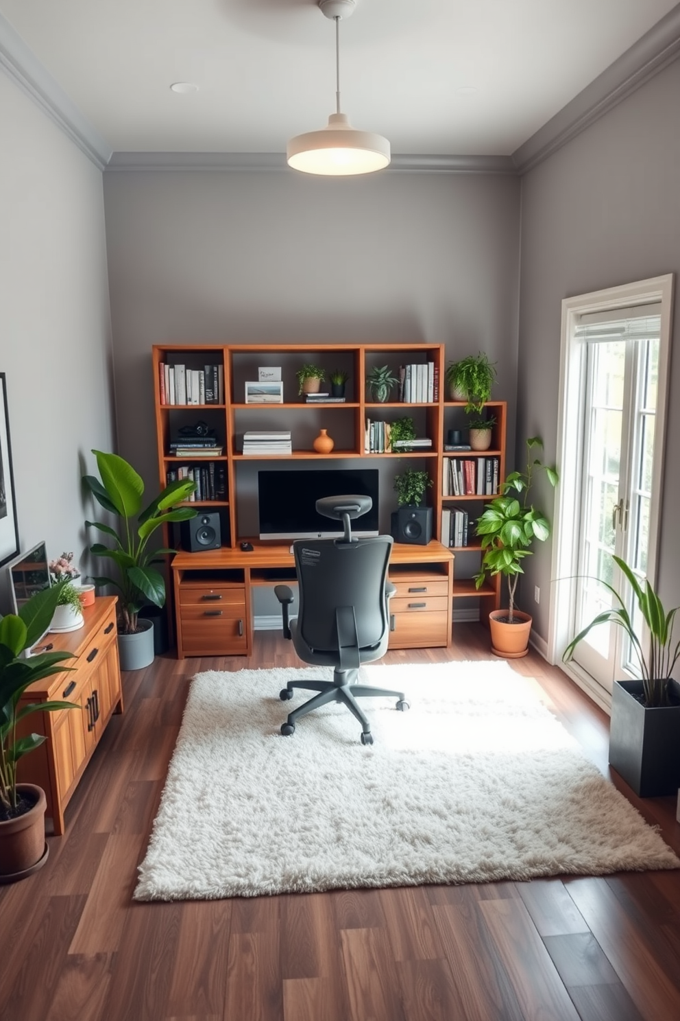 A spacious home office designed for productivity and comfort. The room features a large wooden desk positioned near a window, allowing natural light to illuminate the workspace. Behind the desk, a stylish bookshelf filled with books and decorative items adds character to the room. Indoor plants are strategically placed around the office, bringing a refreshing touch of greenery to the environment. The walls are painted in a soft gray tone, complemented by a plush area rug beneath the desk. A comfortable ergonomic chair accompanies the desk, ensuring a perfect blend of style and functionality.