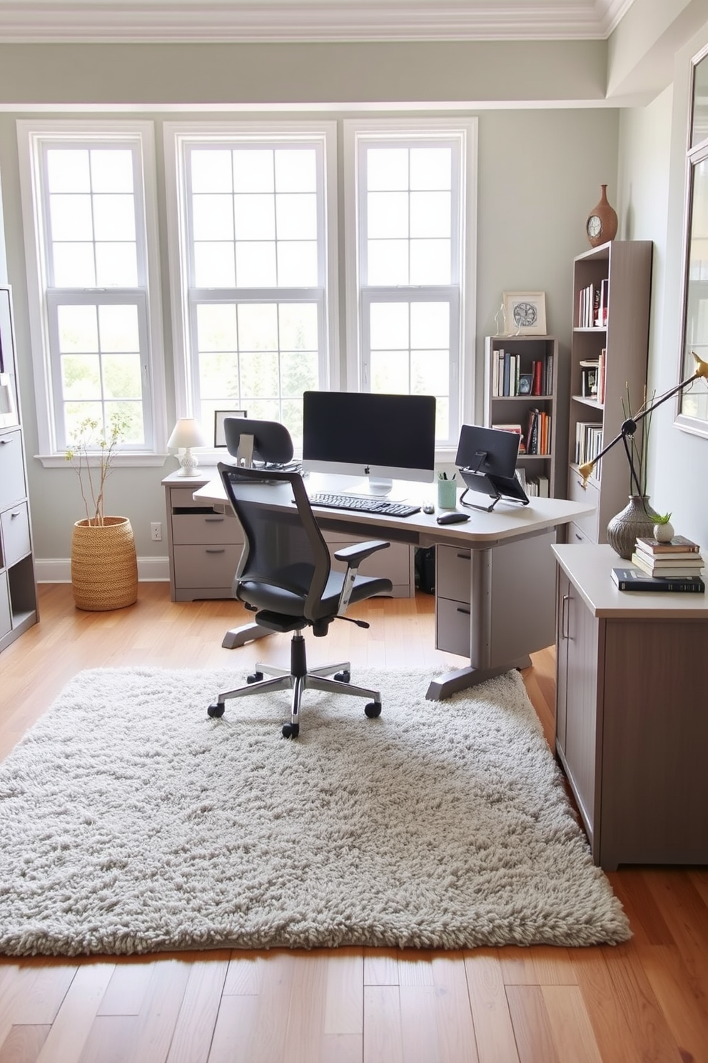 A spacious home office featuring ergonomic furniture designed for maximum comfort. The room includes a large desk with an adjustable height feature, paired with a supportive office chair that promotes good posture. Natural light floods the space through large windows, enhancing the warm color palette of soft grays and whites. Shelves filled with books and decorative items add personality, while a plush area rug defines the workspace and provides additional comfort.