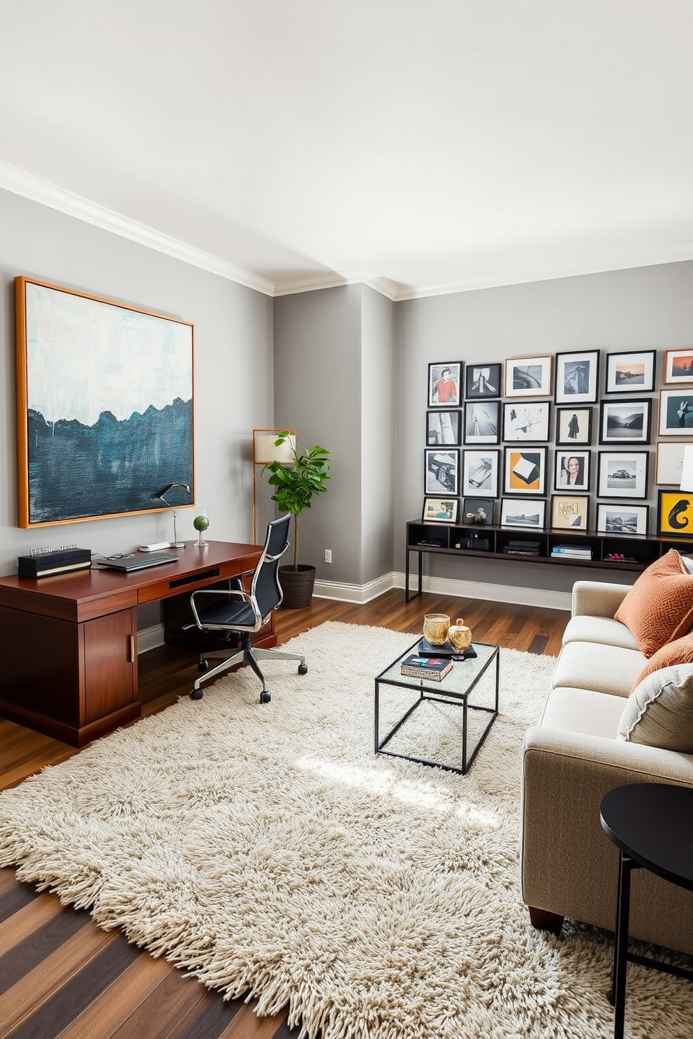 A spacious home office with a large statement art piece as the focal point. The walls are painted in a soft gray, complementing the rich wooden desk and ergonomic chair positioned near a window that allows natural light to flood the space. On the opposite wall, a gallery of smaller framed artworks creates a dynamic visual interest. A plush area rug anchors the seating area, which features a cozy sofa and a stylish coffee table, inviting creativity and productivity.