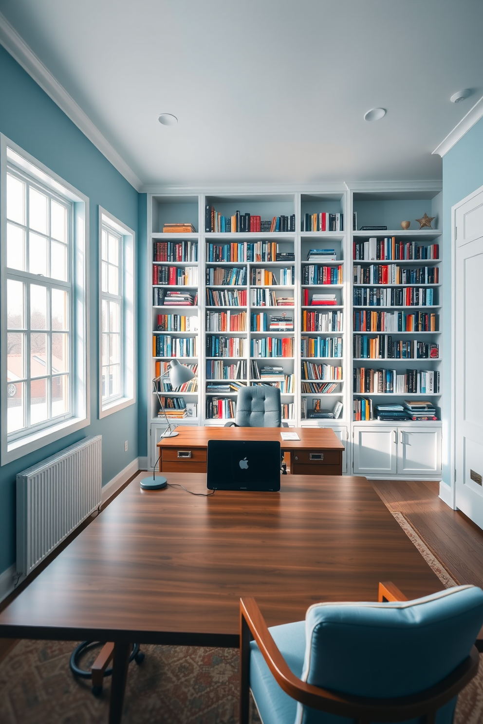 A spacious home office filled with natural light. The walls are painted in a soft blue hue, promoting a calm and creative atmosphere. A large wooden desk sits in the center, adorned with a sleek laptop and a stylish desk lamp. Bookshelves lined with colorful books create an inviting and inspirational backdrop.