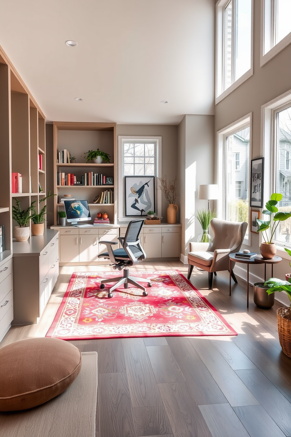 A multifunctional space designed for versatility features a spacious home office that seamlessly integrates a cozy reading nook. Large windows allow natural light to flood the area, highlighting a sleek desk with modern ergonomic chairs and built-in shelving. The walls are painted in a calming neutral tone, while a vibrant area rug defines the reading nook, complete with a plush armchair and a small side table. Decorative plants and artwork add personality, creating an inviting atmosphere that encourages productivity and relaxation.