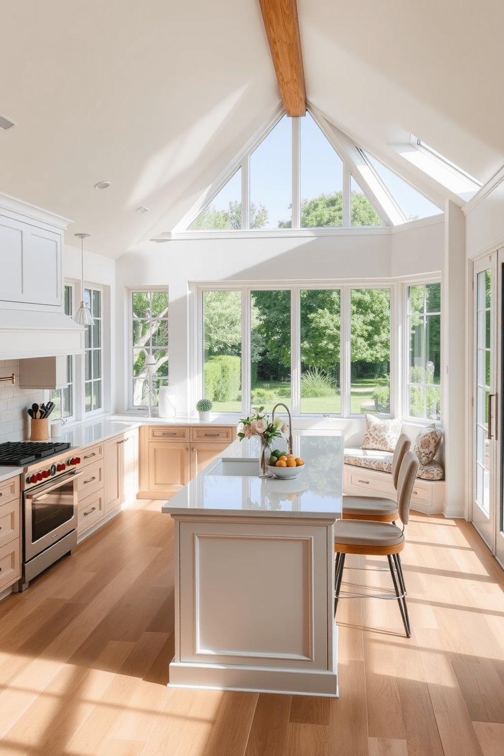 A spacious kitchen filled with natural light streaming through large windows that overlook a lush garden. The design features a central island with a sleek countertop, surrounded by high-end appliances and custom cabinetry in a soft white finish. The room is accented with warm wood tones and modern fixtures, creating an inviting atmosphere. A cozy breakfast nook with stylish seating is positioned near the windows, perfect for enjoying morning coffee.