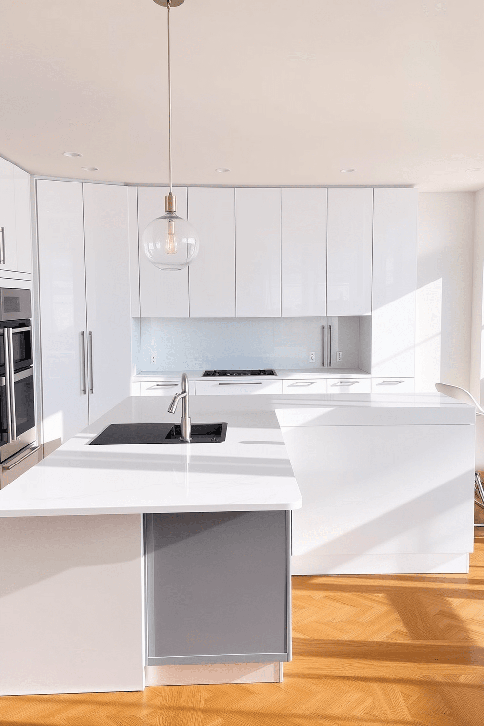 A spacious kitchen featuring sleek quartz countertops that reflect natural light. The cabinetry is minimalist with a high-gloss finish, and integrated appliances maintain a clean aesthetic. An oversized kitchen island serves as a central gathering space, topped with elegant pendant lights overhead. The flooring is a warm hardwood, complementing the modern design while adding a touch of warmth.