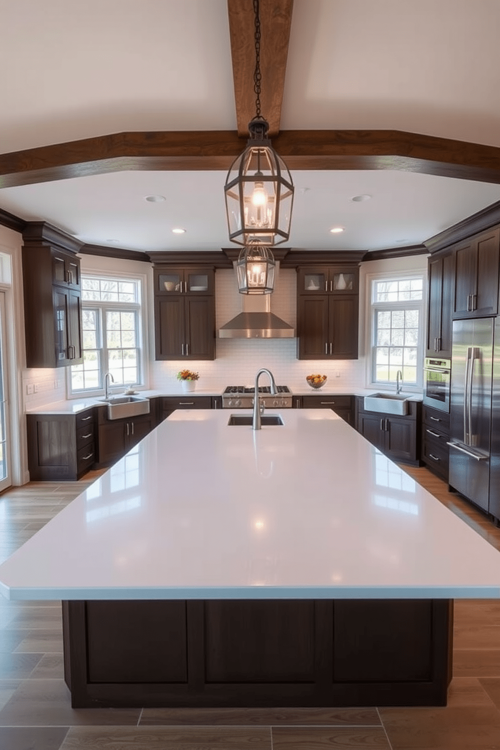 A spacious kitchen featuring an oversized island with a dark wood finish and white quartz countertops. Pendant lights with unique designs hang above the island, casting a warm glow over the space. The kitchen includes stainless steel appliances seamlessly integrated into custom cabinetry. Large windows allow natural light to flood in, enhancing the inviting atmosphere of the room.