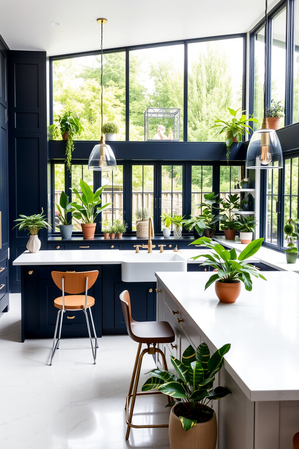 A spacious kitchen filled with natural light featuring large windows that overlook a lush garden. The design includes a central island with a white quartz countertop surrounded by stylish bar stools and an array of indoor plants in decorative pots placed strategically around the space. The cabinetry is a mix of deep navy blue and crisp white, complemented by gold hardware for an elegant touch. A large farmhouse sink sits beneath the windows, with hanging pendant lights illuminating the area and more greenery integrated into the design on shelves and countertops.