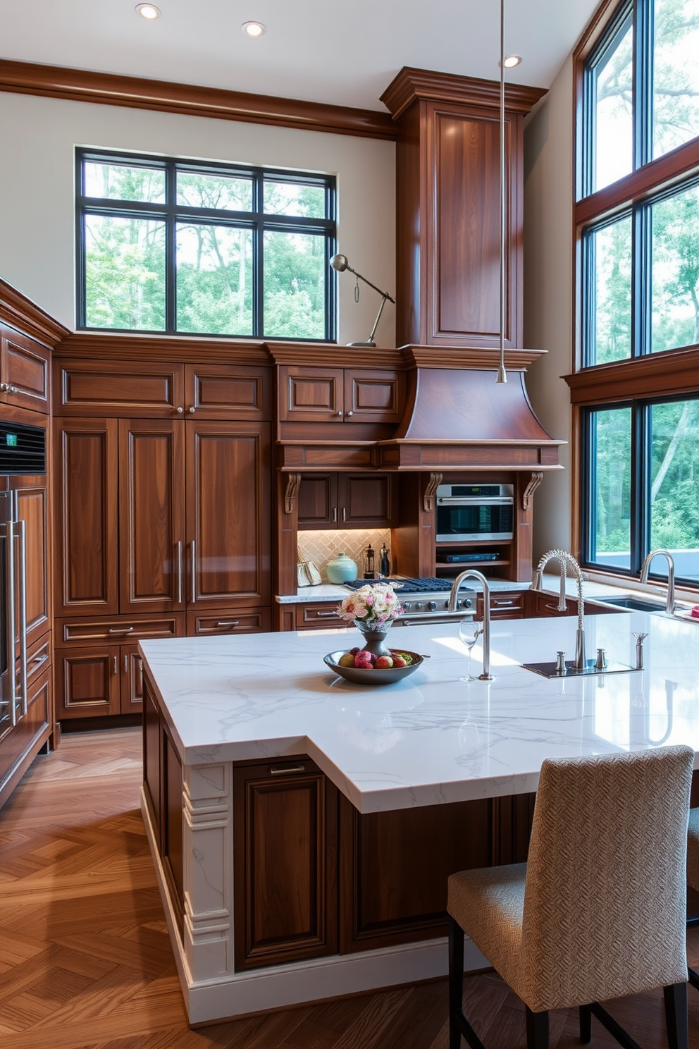 Custom cabinetry designed to reflect personalized style fills the spacious kitchen, featuring elegant wood finishes and intricate detailing. The cabinetry is complemented by sleek countertops and high-end appliances, creating a harmonious blend of functionality and aesthetics. The large kitchen showcases an open layout, with a central island that serves as both a workspace and a gathering spot. Natural light floods the area through expansive windows, highlighting the rich textures and colors of the design.