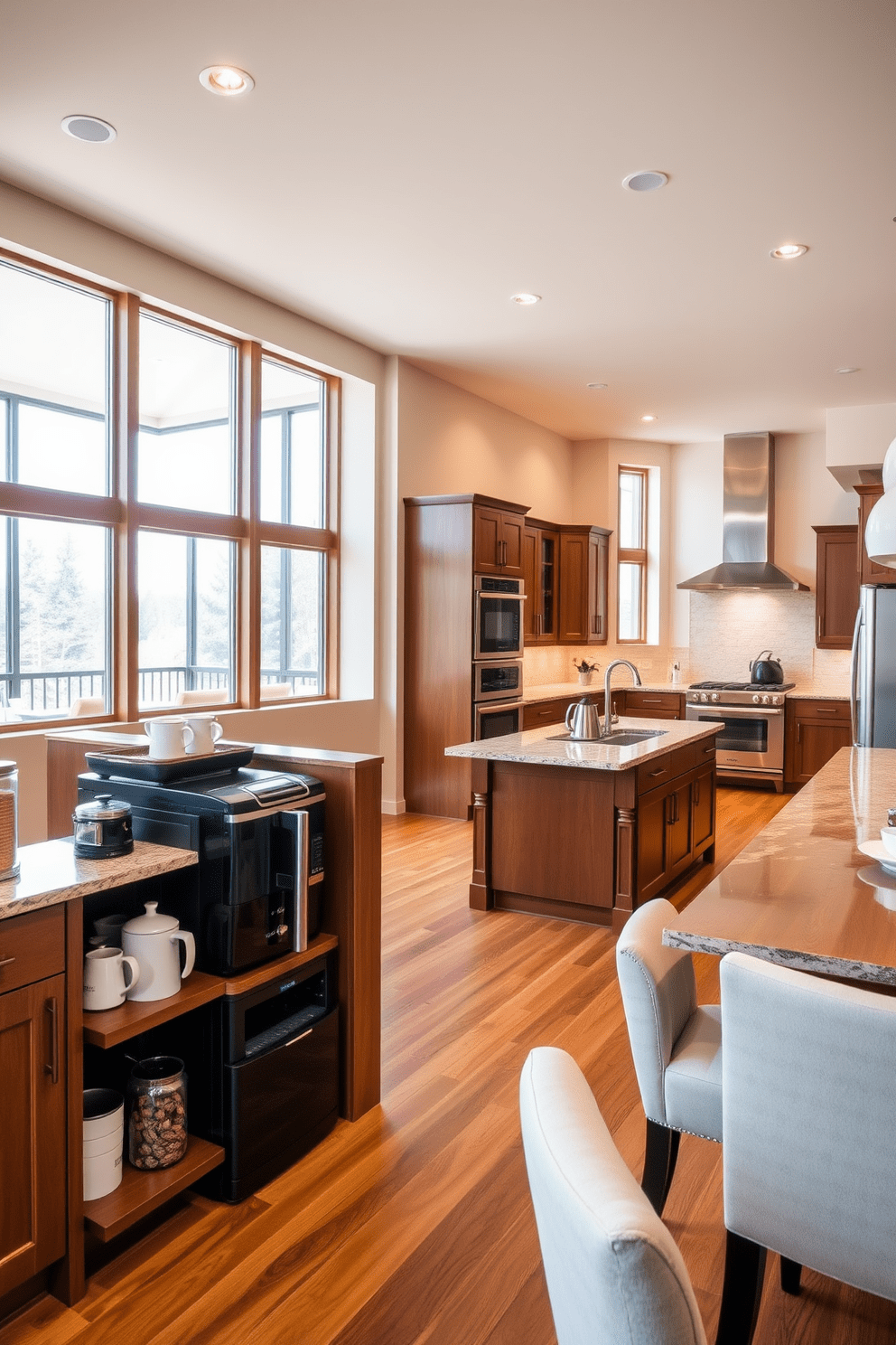 A spacious kitchen featuring a separate coffee station designed for convenience. The coffee station includes a sleek espresso machine, a variety of coffee mugs, and a small shelf for storing coffee beans, all set against a backdrop of elegant cabinetry. The kitchen boasts an expansive island with ample seating, surrounded by modern appliances and rich wooden accents. Large windows allow natural light to flood the space, enhancing the warm color palette of the countertops and cabinetry.