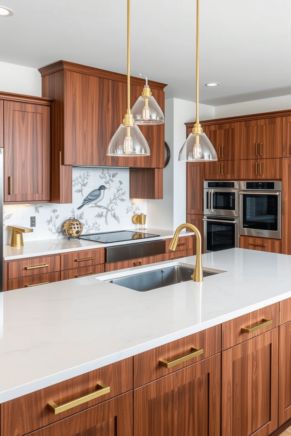 A spacious kitchen featuring high-end finishes that exude luxury appeal. The cabinetry is crafted from rich walnut with sleek brass hardware, and the island is topped with a stunning quartz countertop. The kitchen includes state-of-the-art appliances seamlessly integrated into the design. A stylish backsplash made of hand-painted tiles adds a unique touch, while elegant pendant lights hang above the island for a warm ambiance.