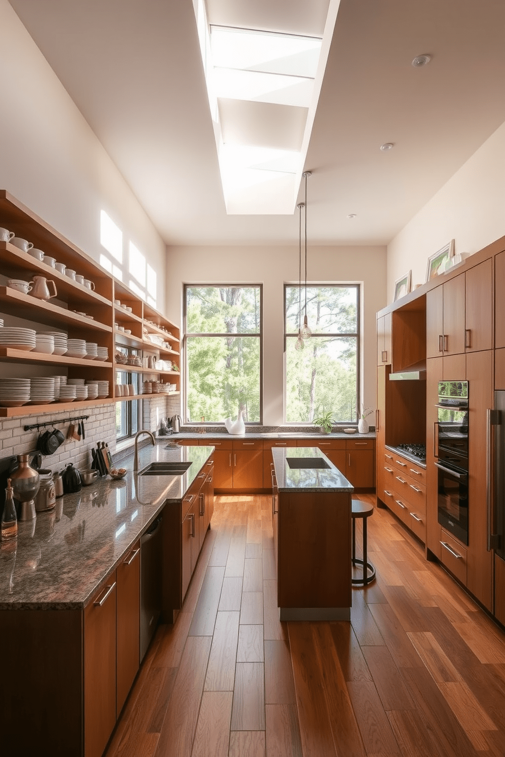 A spacious kitchen featuring open shelving that provides easy access to dishware and cooking essentials. The design includes a large island with bar seating, complemented by sleek cabinetry and modern appliances. Natural light floods the room through large windows, enhancing the warm color palette of the cabinetry and countertops. The flooring is a combination of hardwood and stylish tiles, creating an inviting and functional space.