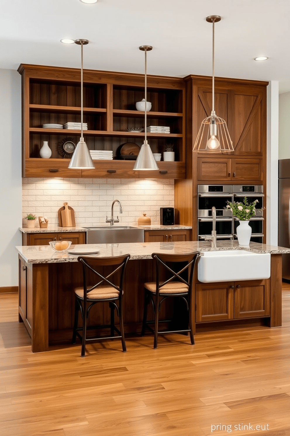 A large kitchen designed with a farmhouse sink that adds a rustic charm. The space features open shelving with wooden accents and a large island with bar stools for casual dining.