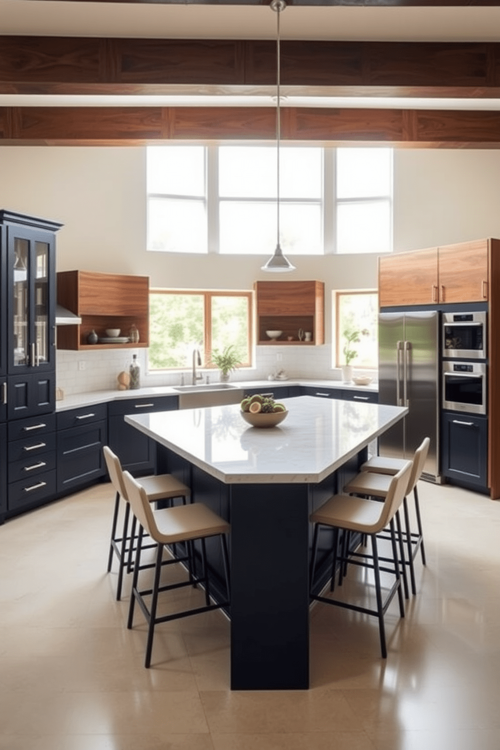 A spacious kitchen featuring a multifunctional island that serves both as a prep area and a dining space. The island is topped with a sleek quartz surface and surrounded by stylish bar stools, creating an inviting atmosphere for family gatherings. The cabinetry is a mix of deep navy blue and warm wood tones, providing a modern yet cozy feel. Large windows allow natural light to flood the space, highlighting the elegant backsplash and stainless steel appliances.