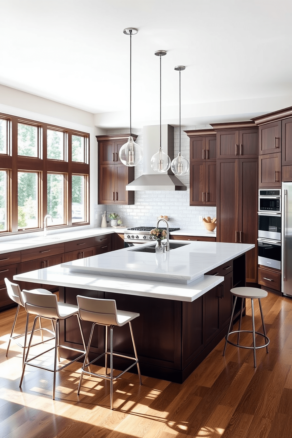 A large kitchen island serves as the centerpiece of this spacious kitchen, featuring a sleek quartz countertop that contrasts beautifully with the dark wooden cabinetry. Surrounding the island, stylish bar stools provide a comfortable seating area, perfect for casual dining and entertaining guests. The kitchen boasts an open layout with ample natural light streaming in through large windows, highlighting the modern appliances and elegant finishes. A backsplash of glossy subway tiles adds a touch of sophistication, while pendant lights hang above the island, creating a warm and inviting atmosphere.