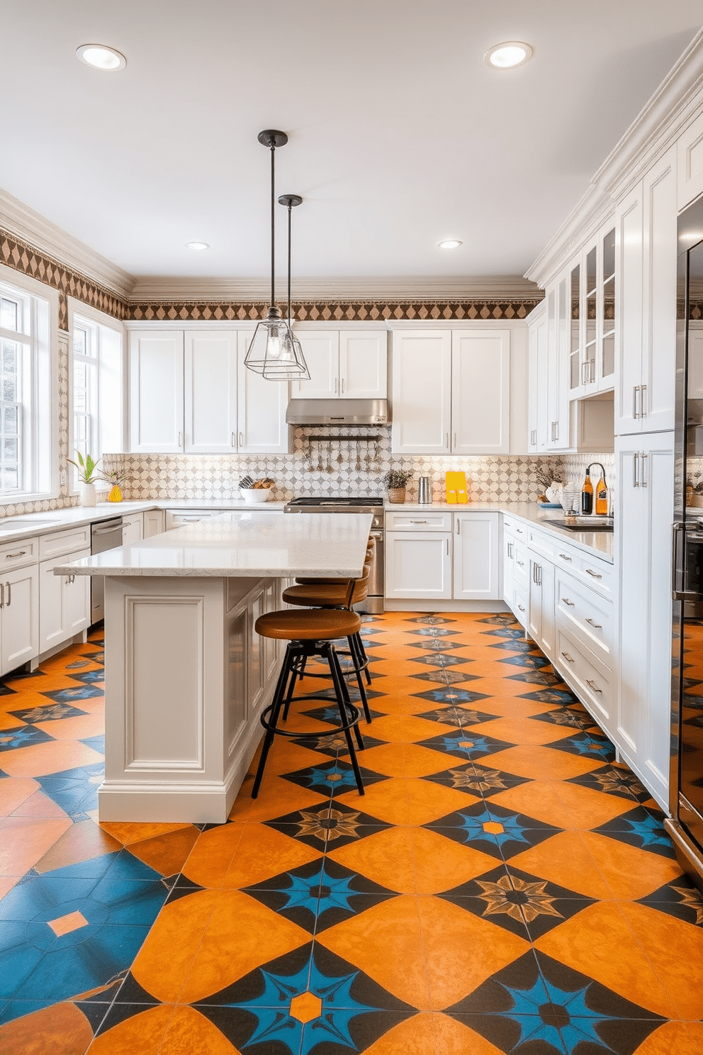 A spacious kitchen featuring unique tile patterns that add flair to the overall design. The floor showcases a mix of geometric shapes in vibrant colors, creating an eye-catching focal point. The kitchen island is adorned with a sleek countertop and stylish bar stools. Surrounding cabinets are finished in a soft white, complementing the bold tile work while providing ample storage space.