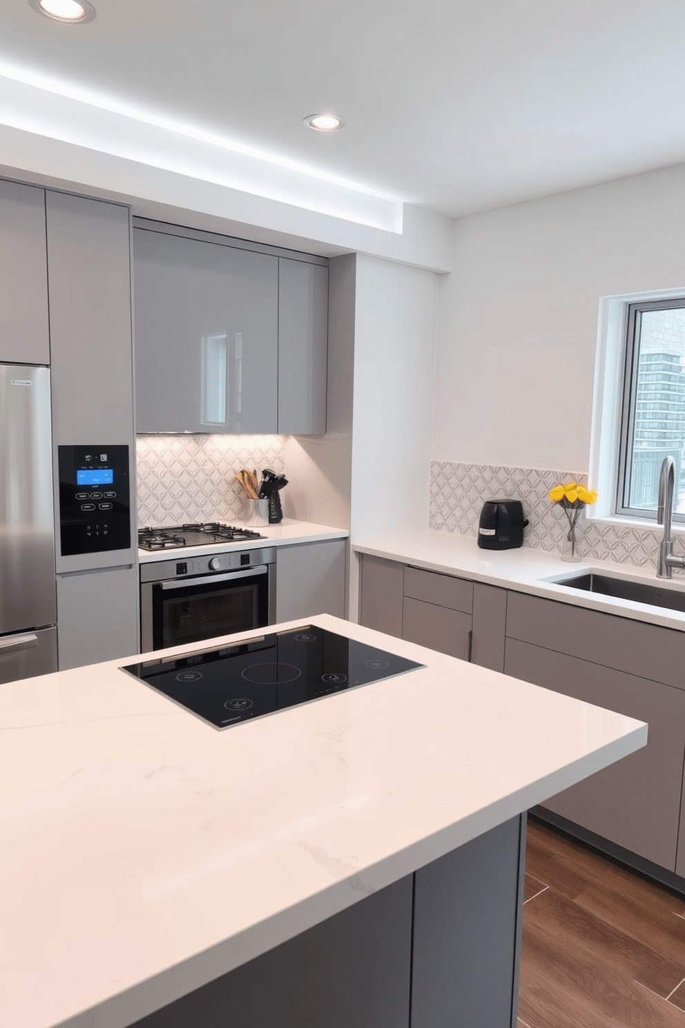 A modern kitchen featuring integrated technology for a smart cooking experience. The space includes sleek cabinetry with touch-activated controls and appliances that connect to a smart home system. A spacious layout with an island at the center, equipped with a built-in induction cooktop and bar seating. The countertops are made of quartz, and the backsplash features a stylish geometric tile pattern.