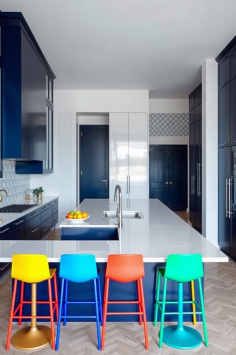 A large kitchen design featuring an expansive island with a sleek countertop. Colorful bar stools in bright hues surround the island, adding a vibrant pop of color to the space. The cabinetry is a mix of deep navy blue and crisp white, creating a striking contrast. A stylish backsplash with geometric patterns complements the overall design, enhancing the kitchen's modern aesthetic.