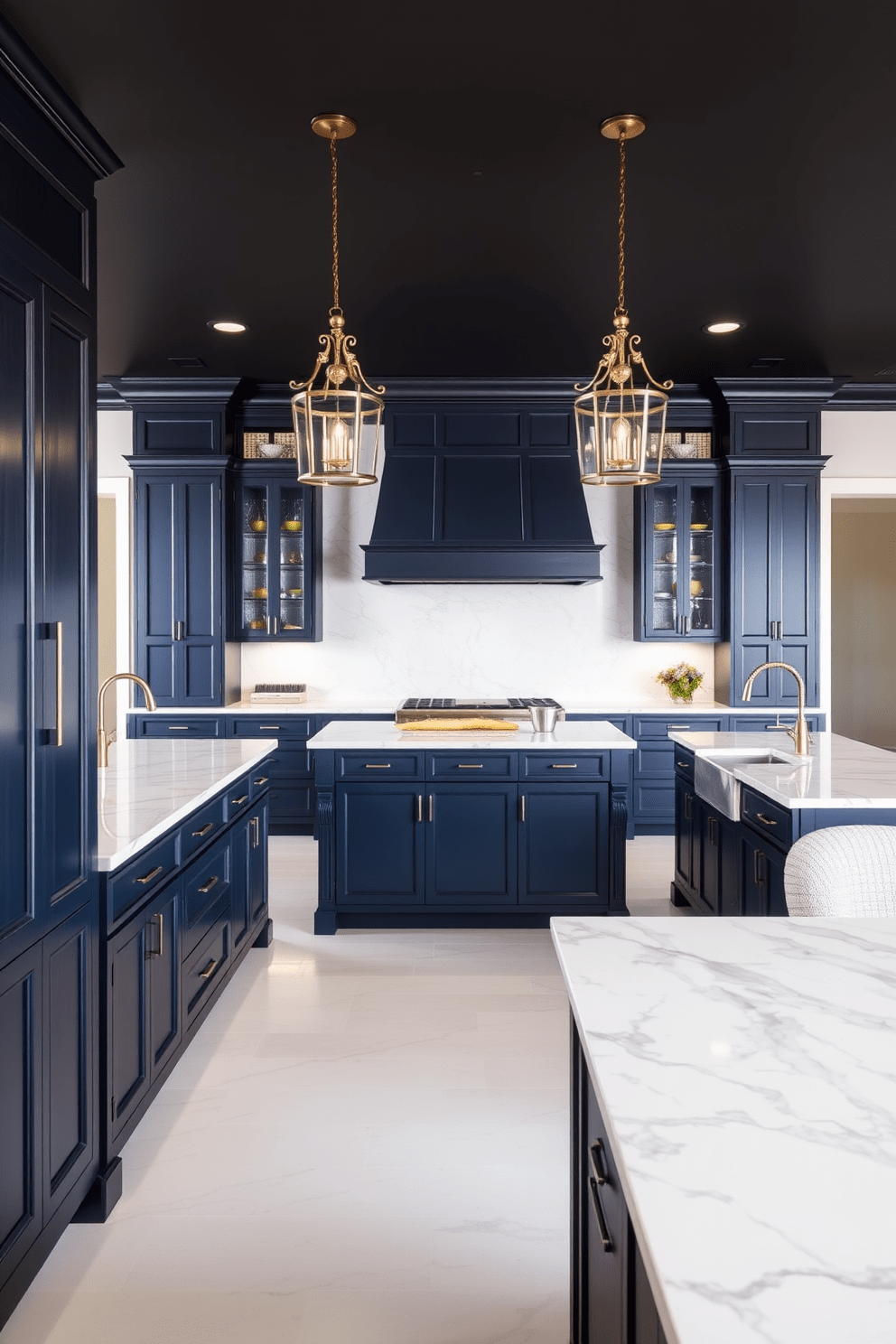 A large kitchen featuring an expansive island with elegant pendant lights hanging above. The cabinetry is a rich navy blue, complemented by white marble countertops and a stylish backsplash.