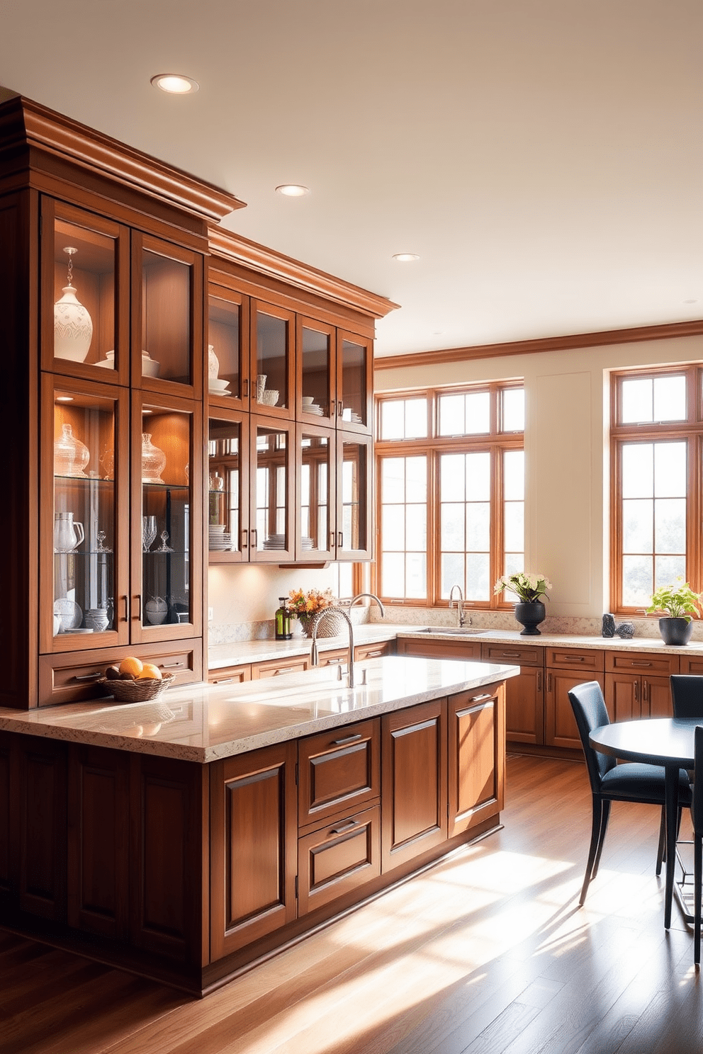 A spacious kitchen featuring glass-front cabinets that showcase elegant dishware and decorative items. The cabinets are complemented by a large central island with a sleek countertop, perfect for meal preparation and casual dining. The kitchen is designed with an open layout, allowing for easy movement and interaction. Natural light floods the space through large windows, enhancing the warm tones of the cabinetry and flooring.