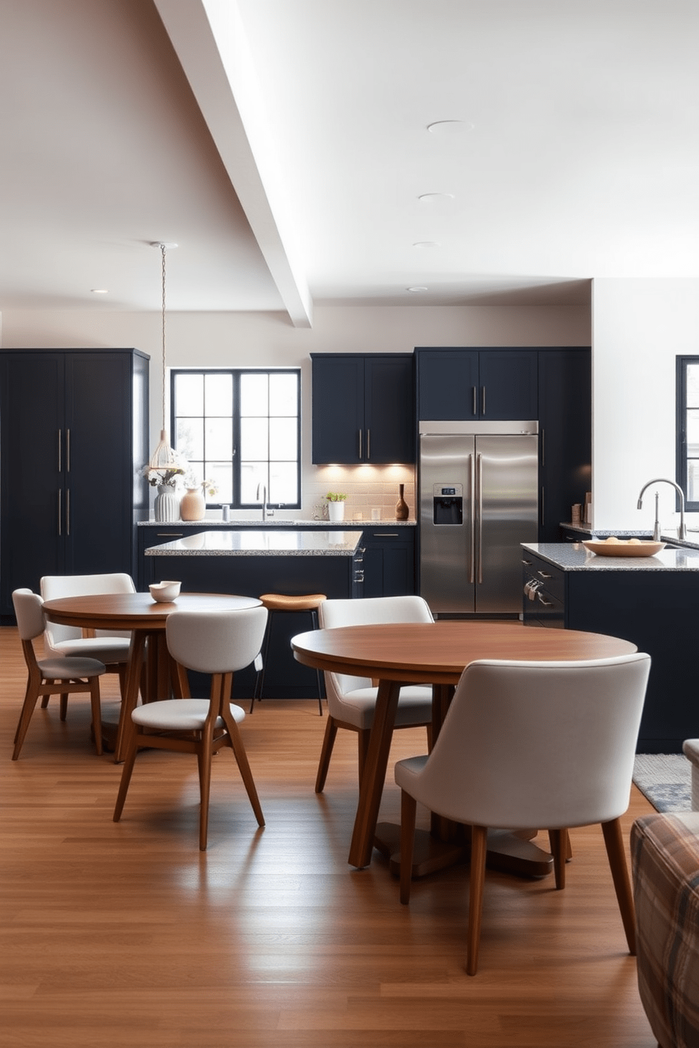 Cozy breakfast nook for casual dining. A round wooden table is surrounded by upholstered chairs in soft pastel colors, with a large window allowing natural light to flood the space. Large kitchen design ideas. The kitchen features an expansive island with bar seating, sleek cabinetry in a rich navy blue, and stainless steel appliances that complement the modern aesthetic.