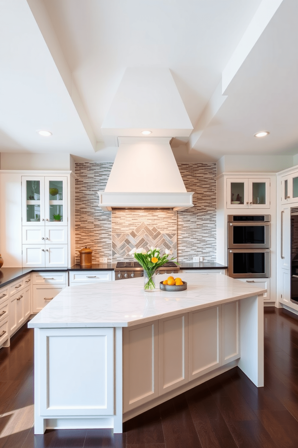 A large range hood serves as the focal point of this spacious kitchen. It is complemented by a beautiful tile backsplash that adds texture and color to the overall design. The kitchen features an expansive island with ample seating, perfect for entertaining. Sleek cabinetry in a soft white finish contrasts beautifully with dark countertops, creating a modern yet inviting atmosphere.