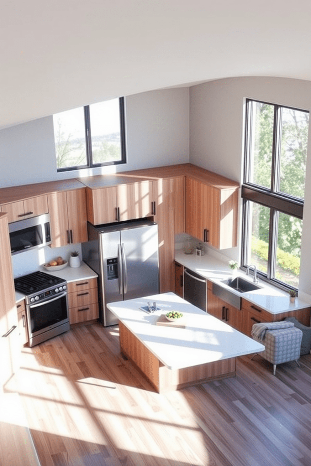 An ergonomic kitchen layout designed for optimal workflow features a spacious island at the center, allowing for easy movement between the cooking, prepping, and cleaning areas. The cabinetry is arranged in a U-shape, with the stove, refrigerator, and sink positioned in a triangular formation for maximum efficiency. Natural light floods the space through large windows, highlighting the sleek countertops and modern appliances. A cozy breakfast nook with comfortable seating is situated near the windows, providing a perfect spot for casual dining and socializing.