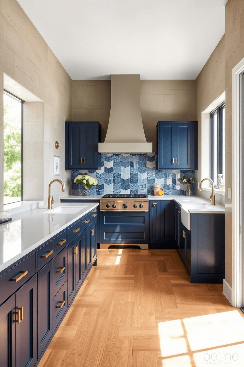 A spacious kitchen featuring textured wall finishes that add depth and interest to the space. The cabinetry is a rich navy blue with brass hardware, complemented by a large island with a white quartz countertop. The backsplash consists of handmade ceramic tiles in varying shades of blue, creating a stunning focal point. Natural light floods the room through large windows, enhancing the warmth of the wooden flooring.