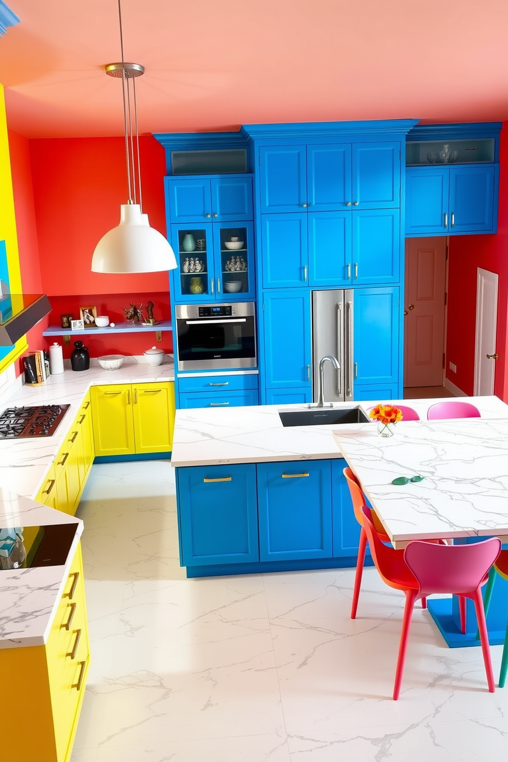 A large kitchen featuring bold color schemes with vibrant blue cabinets and a bright yellow island. The walls are painted in a warm coral hue, and the countertops are a striking white with black veining. The space is illuminated by oversized pendant lights in a modern design. A large dining table with colorful chairs complements the lively atmosphere, creating an inviting space for gatherings.