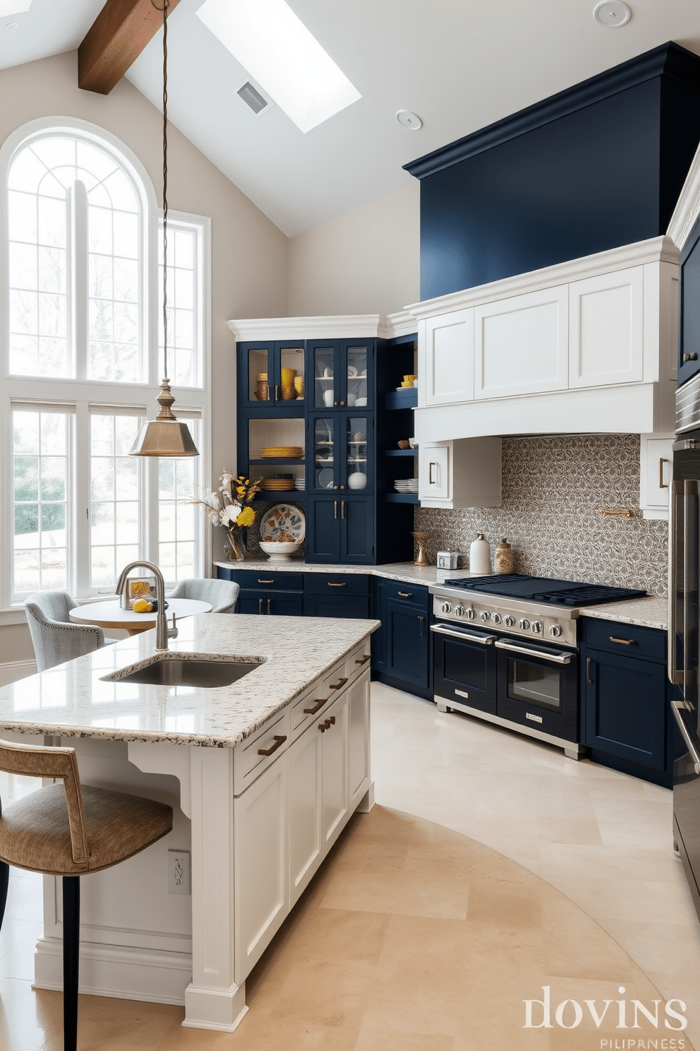 A spacious kitchen designed for culinary enthusiasts features a large central island with a polished granite countertop and ample seating. The cabinetry is a mix of deep navy and crisp white, complemented by stainless steel appliances and a stylish farmhouse sink. Natural light floods the space through oversized windows, highlighting the intricate tile backsplash and open shelving filled with colorful dishware. A cozy breakfast nook with a round table and plush chairs invites family gatherings and casual dining moments.