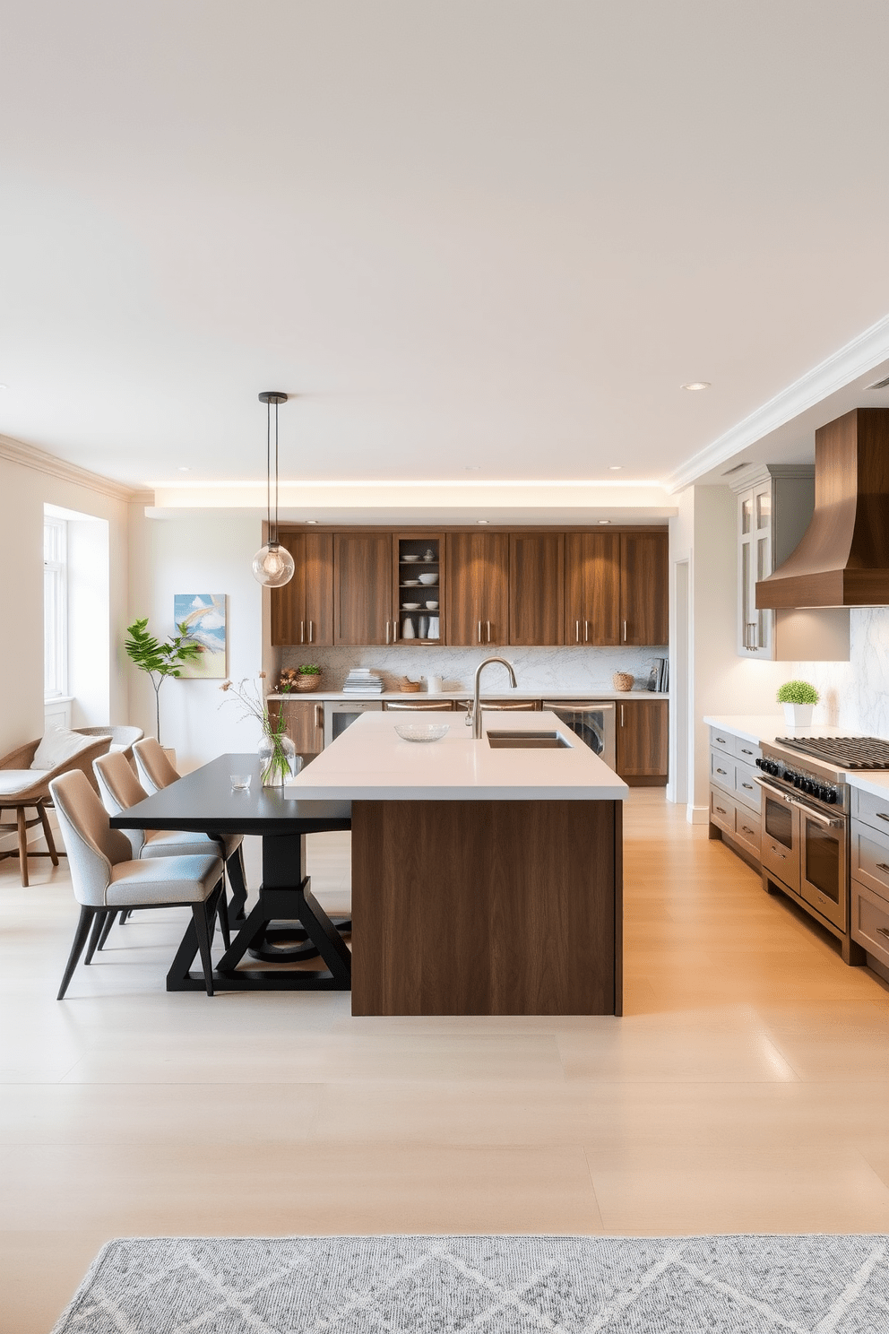 A spacious kitchen featuring an open layout with distinct functional zones for cooking and dining. The cooking area includes a large island with a built-in stove and ample counter space, while the dining zone showcases a stylish table surrounded by comfortable chairs.