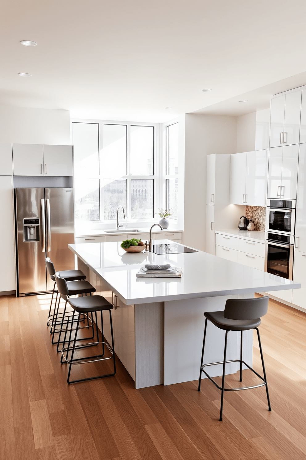 A spacious kitchen featuring smart appliances seamlessly integrated into the design. The layout includes a large island with a sleek countertop, surrounded by high-end bar stools and equipped with a smart refrigerator and a touch-screen oven. Natural light floods the room through expansive windows, highlighting the modern cabinetry and stylish backsplash. The color palette consists of soft whites and warm wood tones, creating an inviting atmosphere perfect for cooking and entertaining.