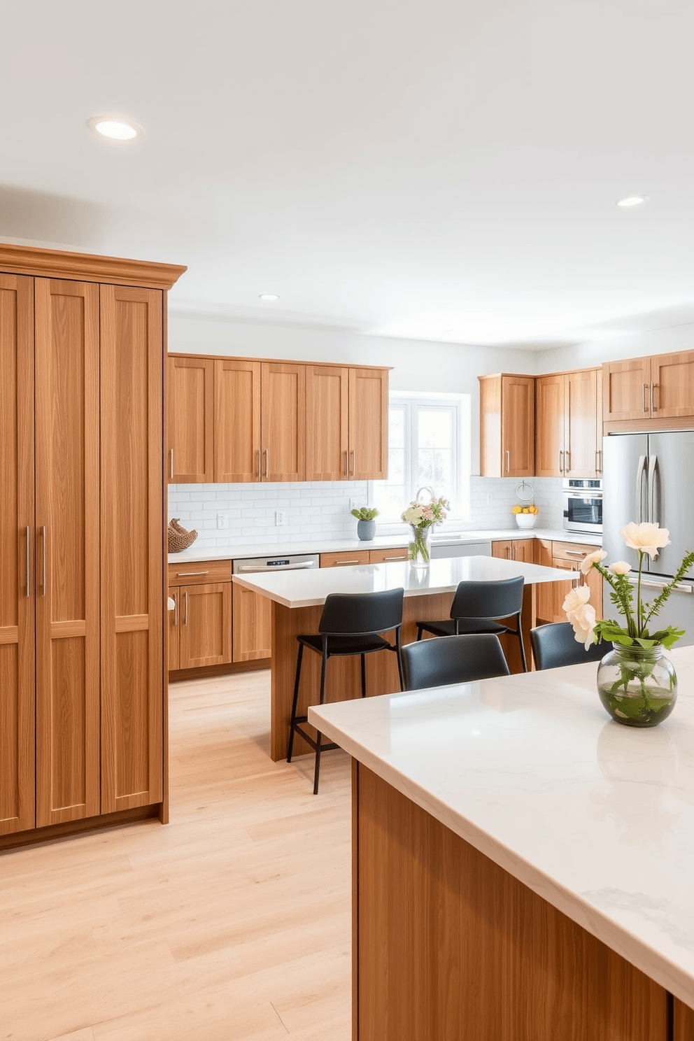 A spacious kitchen with ample storage solutions featuring custom cabinetry that blends seamlessly with the overall design. The cabinetry is finished in a warm wood tone, providing a cozy yet modern feel while maximizing functionality and organization. The kitchen island is large and inviting, topped with a stunning quartz countertop that contrasts beautifully with the cabinetry. Stylish bar stools are arranged around the island, creating a perfect spot for casual dining and entertaining guests.