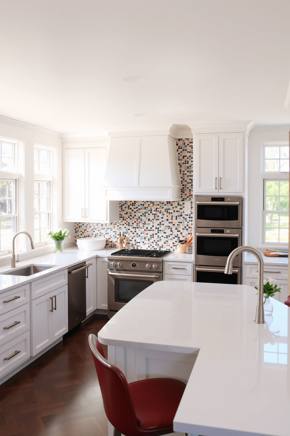 A large kitchen featuring a stylish backsplash that draws attention. The backsplash is made of colorful mosaic tiles that contrast beautifully with white cabinetry and a spacious island. The kitchen has ample natural light pouring in through large windows. Sleek stainless steel appliances complement the modern design, creating a functional and inviting space.