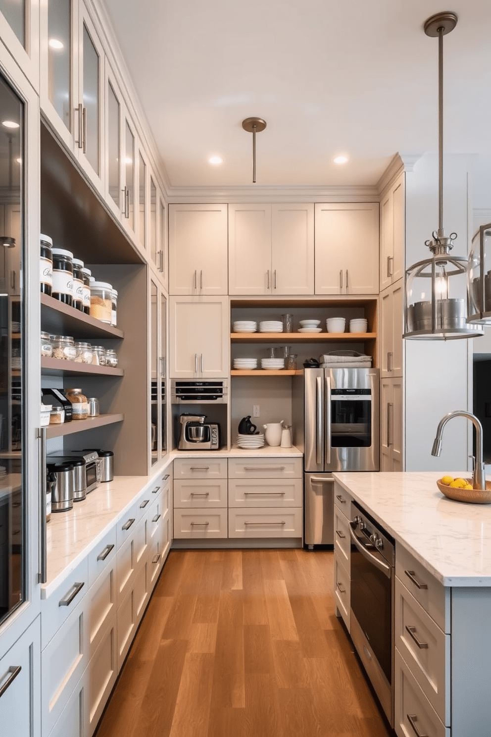 A spacious pantry designed for optimal storage and organization. It features custom shelving units, labeled containers, and a dedicated area for small appliances, all in a neutral color palette. The kitchen boasts an open layout with a large central island that includes seating for casual dining. High-end appliances are seamlessly integrated into the cabinetry, complemented by elegant pendant lighting overhead.