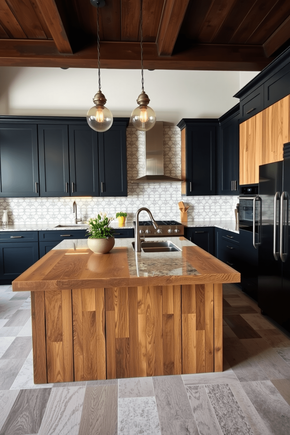 A large kitchen design featuring a blend of textures to create a dynamic atmosphere. The space includes a rustic wooden island with a polished granite countertop and sleek stainless steel appliances. The cabinetry combines matte black finishes with natural wood accents, providing contrast and warmth. A stylish backsplash of patterned tiles adds visual interest, while pendant lights with a vintage design illuminate the area.