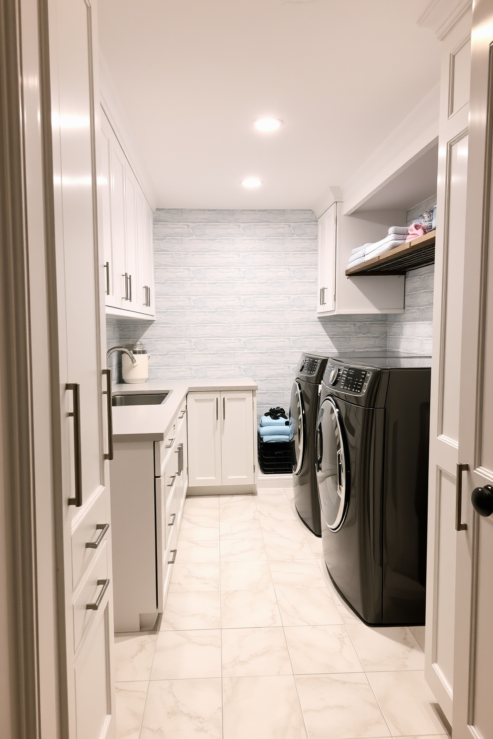 A chic tile backsplash adds a pop of color and texture to a large laundry room. The backsplash features a geometric pattern in soft blues and whites, complementing the cabinetry and appliances. The laundry room is spacious and well-organized, with ample storage solutions and a large countertop for folding clothes. Bright lighting illuminates the space, enhancing the functionality and aesthetic appeal of the room.