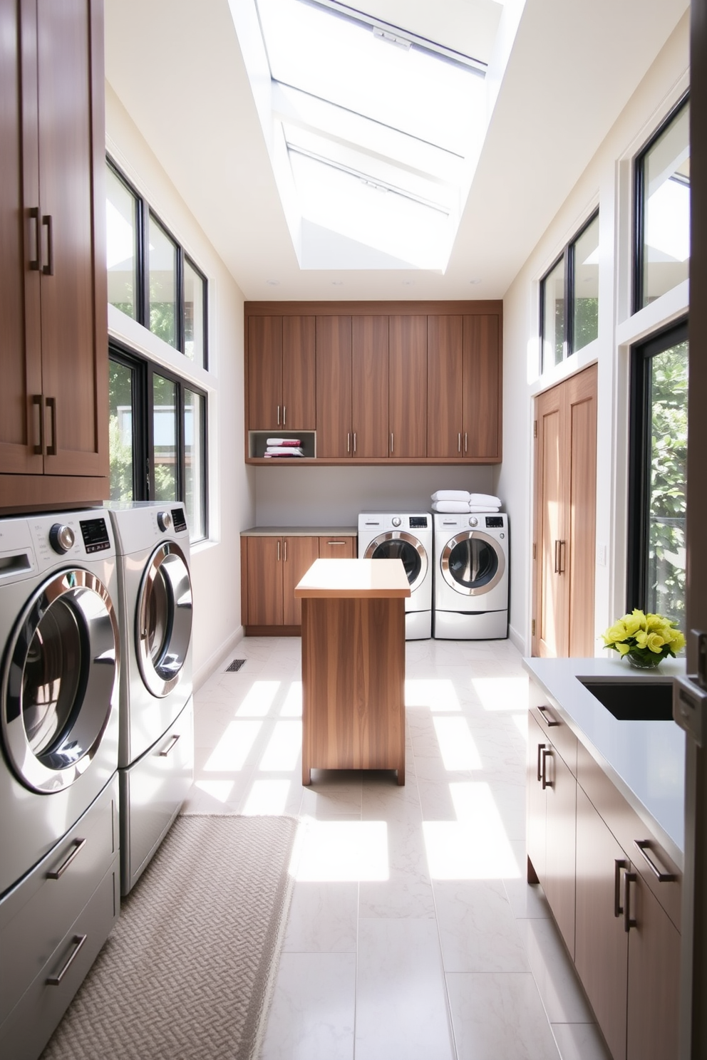 A spacious laundry room filled with natural light streaming in from large windows. The room features ample cabinetry for storage and a central island for folding clothes, all designed with a modern aesthetic.