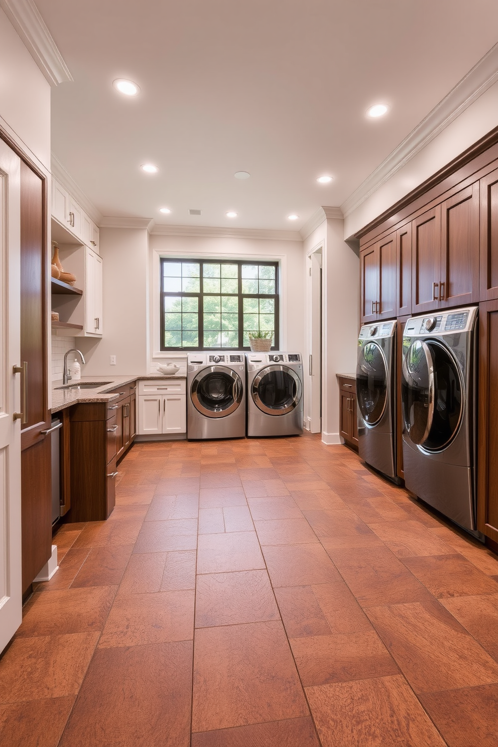 Durable flooring designed for heavy foot traffic features a rich, textured surface that can withstand daily wear and tear. The color palette includes deep earthy tones that complement the overall aesthetic while providing functionality and style. A spacious laundry room design incorporates ample storage solutions with custom cabinetry and a large island for sorting and folding. The layout maximizes efficiency with designated areas for washing, drying, and ironing, creating an organized and inviting space.