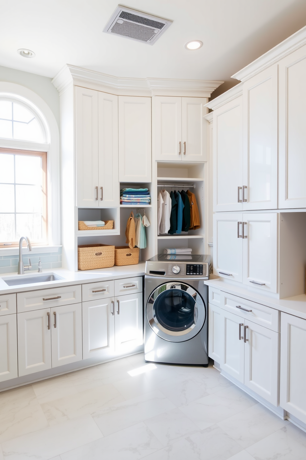 A spacious laundry room featuring custom cabinetry that maximizes storage and organization. The cabinetry is designed with a mix of open shelves and closed cabinets, all in a crisp white finish to create a clean and bright atmosphere. The room includes a large countertop for folding clothes, complemented by a stylish backsplash in a soft pastel color. Natural light streams in through a window, illuminating the space and enhancing the overall functionality and aesthetic appeal.