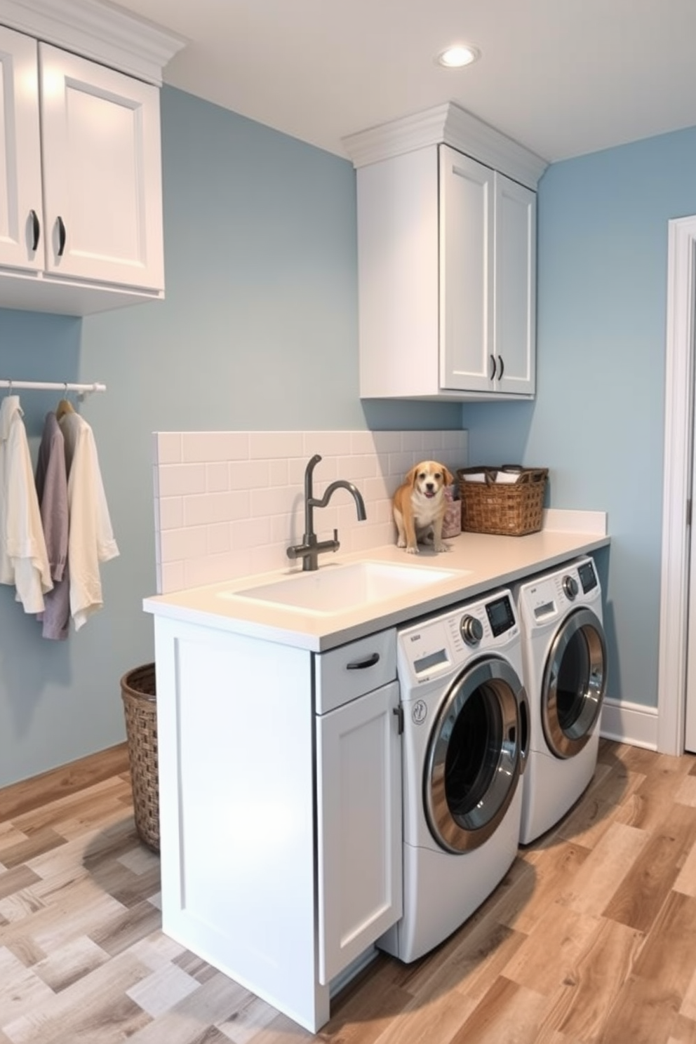 A spacious laundry room featuring a dedicated pet washing station. The area includes a large utility sink with a handheld showerhead, surrounded by cabinets for storage and a countertop for folding clothes. The walls are painted in a light blue hue, creating a calming atmosphere. Durable vinyl flooring mimics wood, providing both style and practicality for pet clean-up.