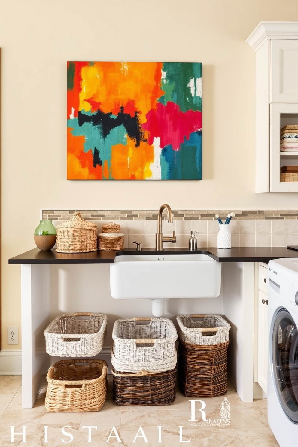 Creative wall art to brighten space. A vibrant abstract painting fills the wall above a sleek console table, adding a pop of color to the room. Below the artwork, a collection of decorative baskets in various sizes is neatly arranged, providing both style and storage. Large laundry room design ideas. The laundry room features a spacious layout with built-in cabinetry for organization, complemented by a large farmhouse sink. Bright, cheerful colors and stylish tile flooring create an inviting atmosphere, making laundry chores more enjoyable.