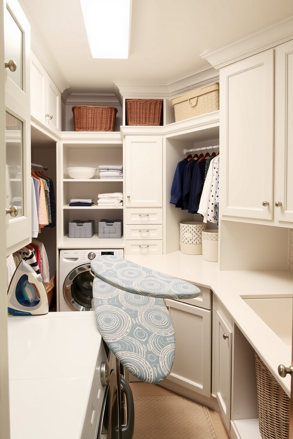 A spacious laundry room featuring an integrated ironing board seamlessly built into the cabinetry for convenience. The room showcases ample storage with custom shelving and a large countertop for folding clothes, complemented by a bright and airy color palette.