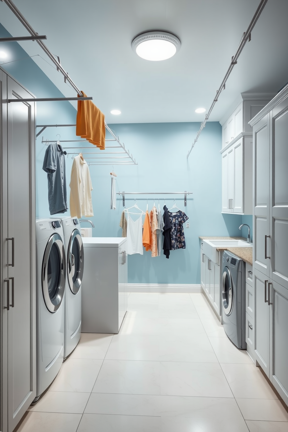 A spacious laundry room featuring hanging rods for air drying clothes. The walls are painted in a soft blue hue, and the floor is covered with large white tiles for easy cleaning. Ample storage cabinets line one side of the room, providing organization for laundry essentials. A large utility sink is positioned near the hanging rods, making it convenient for pre-treating stains.