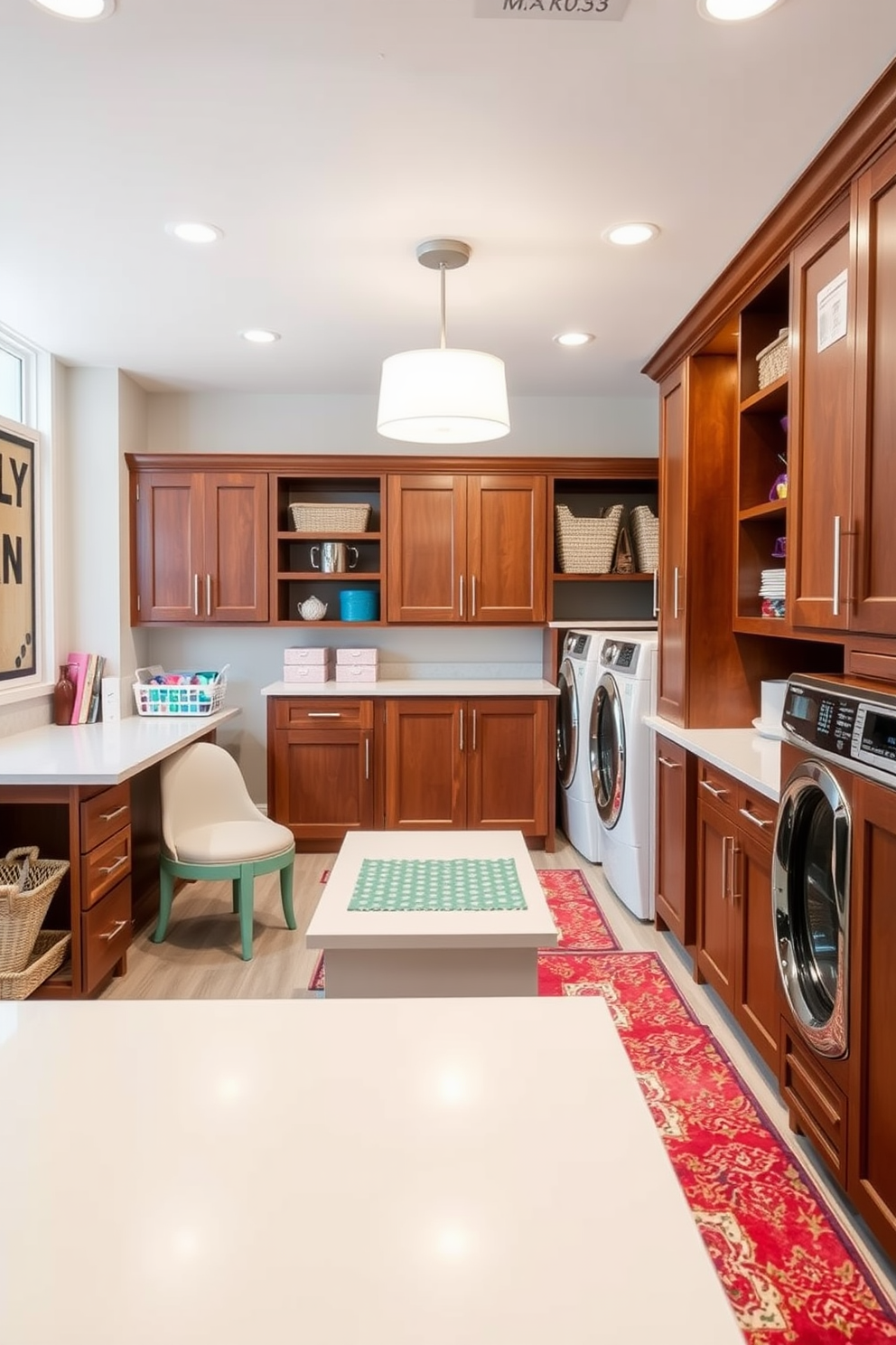 A multi-purpose space that seamlessly integrates a craft station. The area features a large table with organized storage for supplies, bright lighting, and a cozy seating nook. A spacious laundry room designed for efficiency and style. It includes ample cabinetry, a folding station, and a vibrant color palette that adds a cheerful touch to the space.