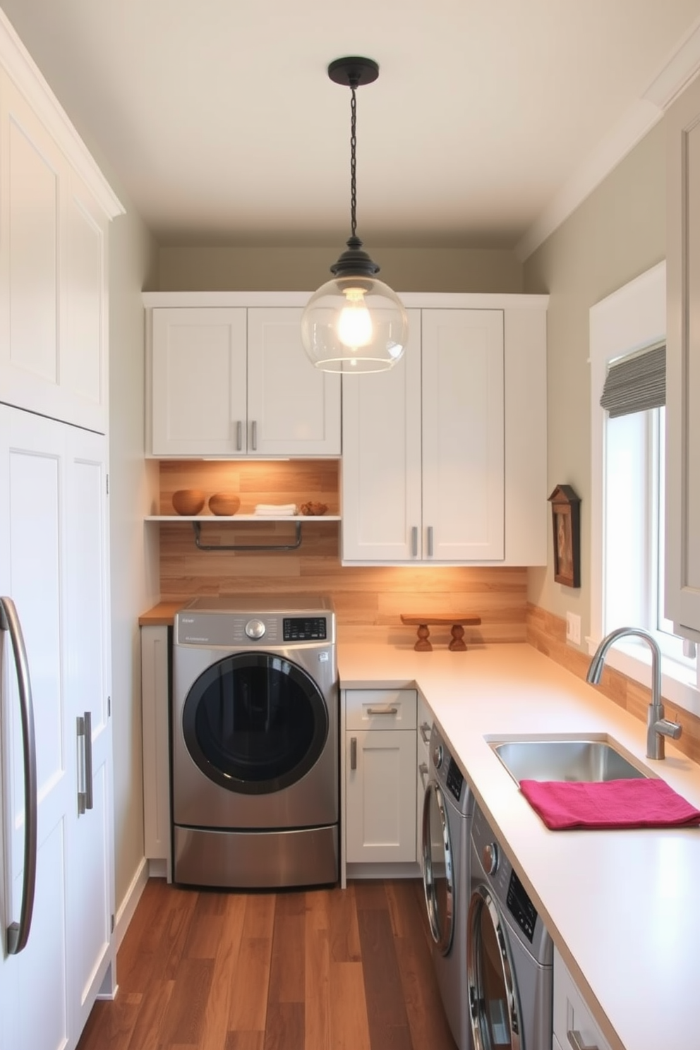 Bright pendant lighting casts a warm glow over a spacious laundry room featuring ample cabinetry and a large countertop for folding clothes. The room is designed with a combination of sleek white cabinets and rustic wood accents, creating a harmonious blend of modern and traditional styles.