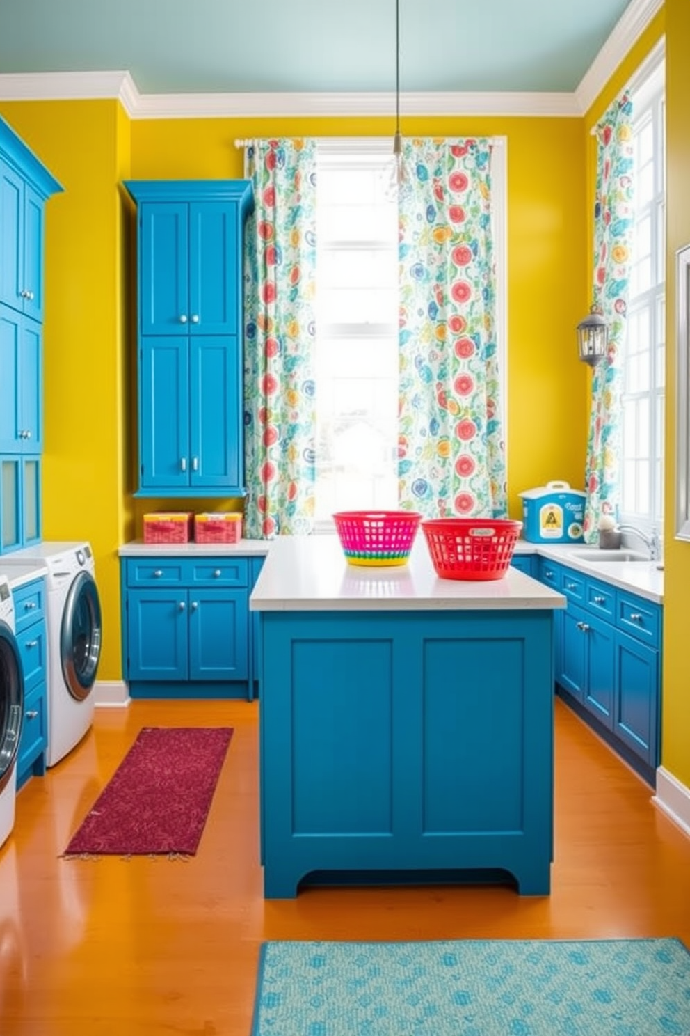 A bright and cheerful laundry room filled with vibrant colors. The walls are painted in a sunny yellow, complemented by bright blue cabinets and a white countertop. A large island in the center provides ample workspace, topped with colorful storage baskets. Natural light floods the space through large windows adorned with playful patterned curtains.