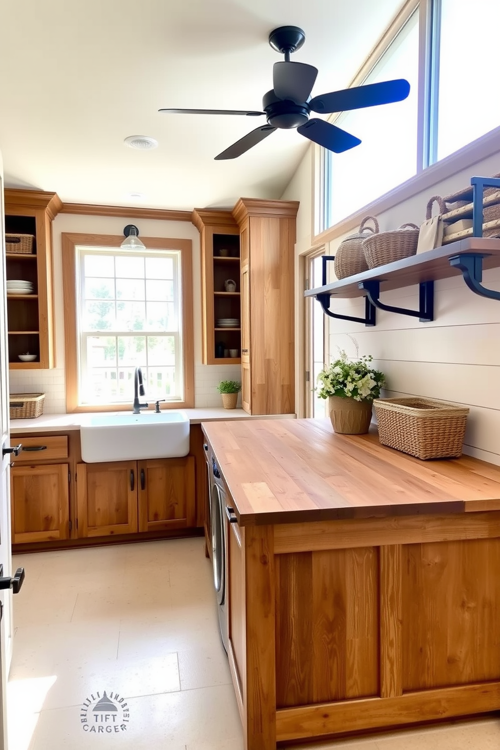 A large laundry room designed in a farmhouse style features rustic wooden cabinets and open shelving. The space is brightened by natural light streaming through a large window, illuminating the vintage-inspired farmhouse sink. The walls are painted in a soft cream color, complemented by shiplap accents for added texture. A spacious countertop made of reclaimed wood provides ample space for folding laundry, while woven baskets add a touch of charm and organization.