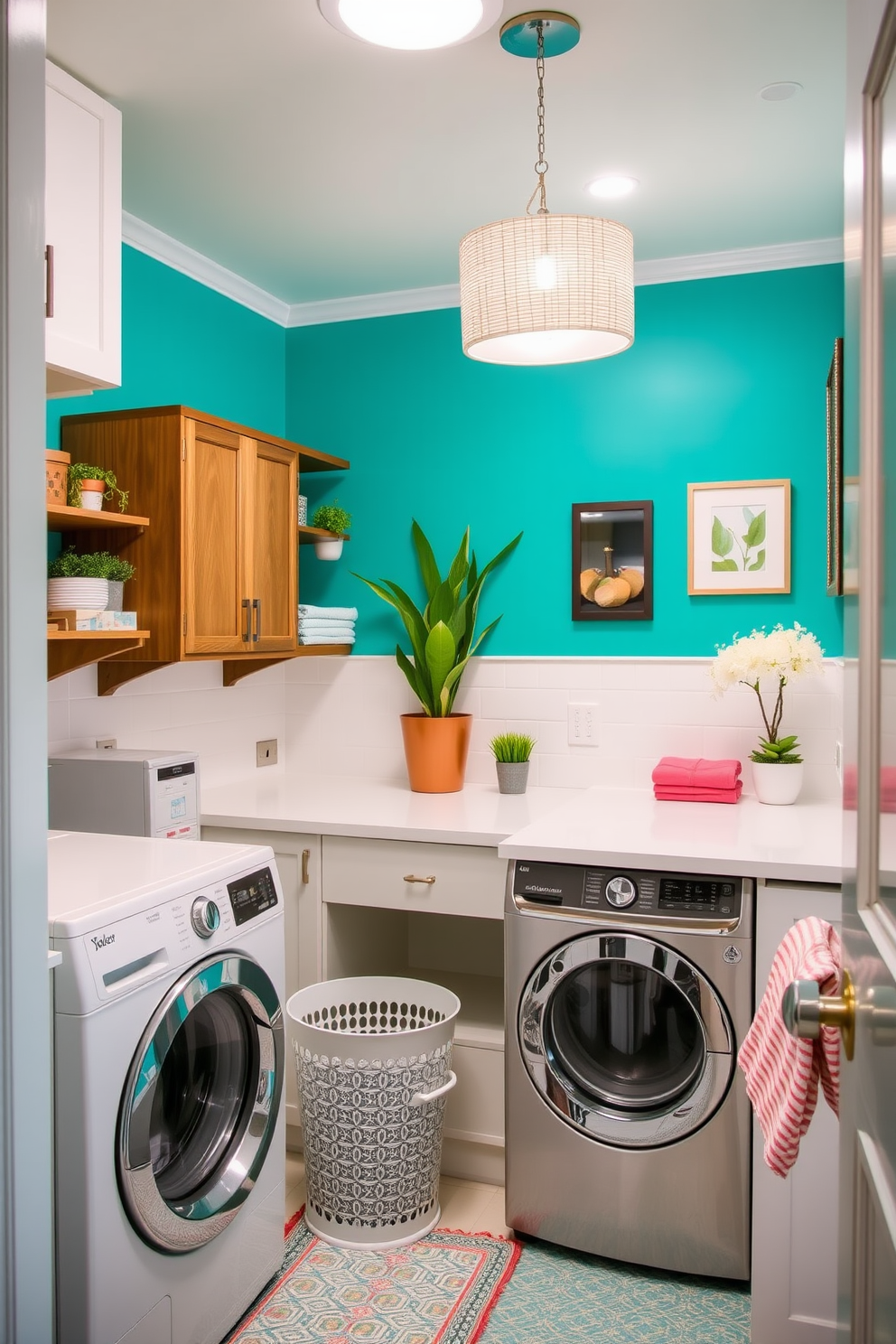 A vibrant laundry room features a colorful accent wall painted in bright turquoise. The space is filled with modern appliances and ample storage solutions, creating a cheerful and functional environment. The room includes a spacious countertop for folding clothes and a stylish laundry basket. Decorative elements like wall art and potted plants add personality and warmth to the design.