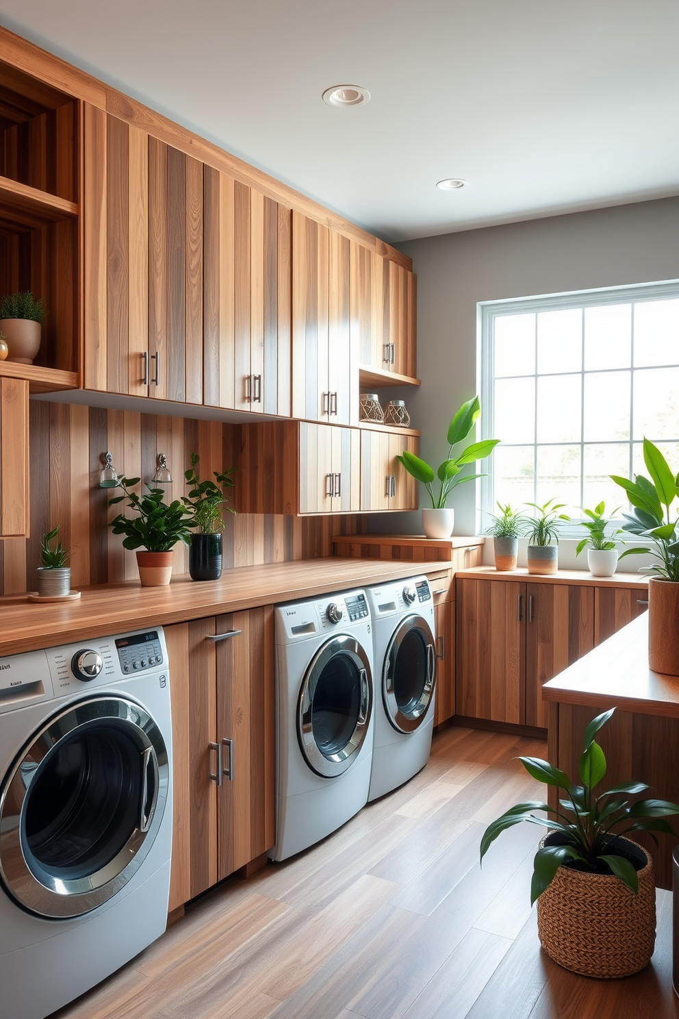 A spacious laundry room featuring eco-friendly appliances that prioritize sustainability. The room includes energy-efficient washers and dryers, surrounded by ample storage cabinets made from reclaimed wood. Natural light floods the space through a large window, highlighting the use of bamboo shelving and countertops. Decorative plants are placed strategically around the room to enhance the green aesthetic and improve air quality.