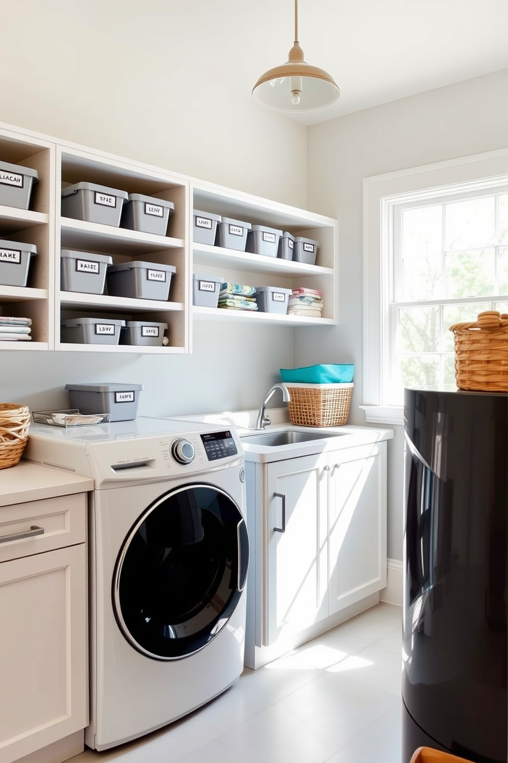 A spacious laundry room featuring clever organization with labeled bins neatly arranged on open shelves. The room is bright and airy, with ample natural light streaming in through a large window, highlighting the functional design.