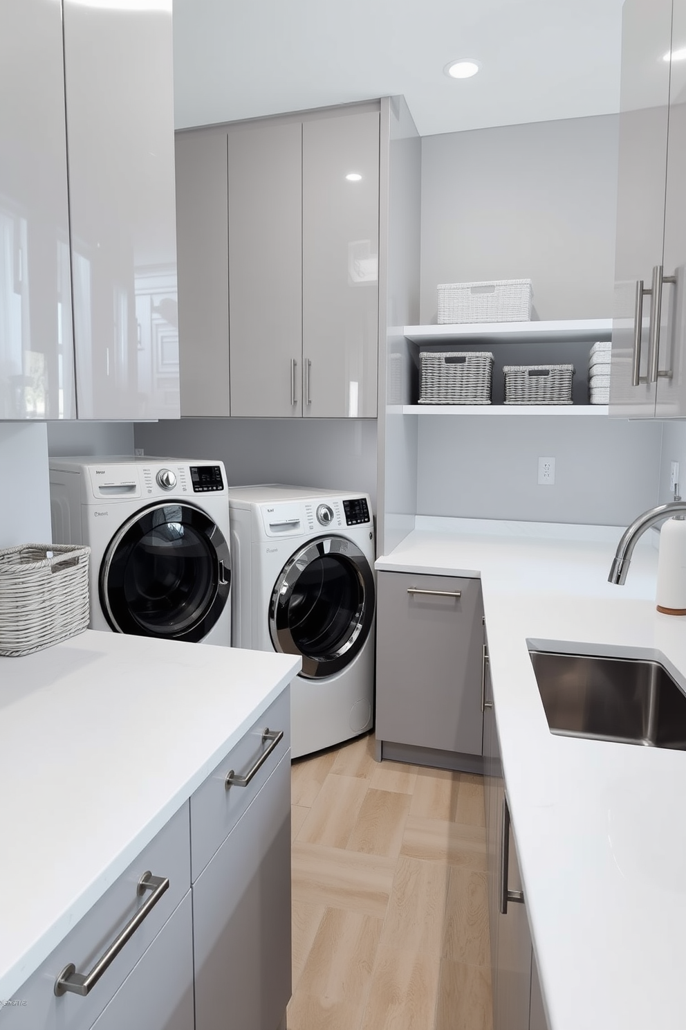 A spacious laundry room featuring sleek cabinetry with a glossy finish and integrated handles. The countertops are made of white quartz, providing ample space for folding laundry, while a large, deep sink is seamlessly integrated into the design. The walls are painted in a soft gray tone, enhancing the room’s brightness and modern feel. A stylish washer and dryer are stacked in one corner, surrounded by neatly organized baskets and minimalist shelving for storage.